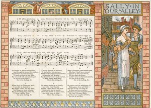 &39;Sally in our Alley&39;, ilustração de canção de &39;Pan-Pipes&39;, um livro de canções antigas, recentemente arranjado e com acompanhamentos por Theo. Marzials, publicado em Londres por George Routledge und Sons, 1884 (cor li de Walter Crane